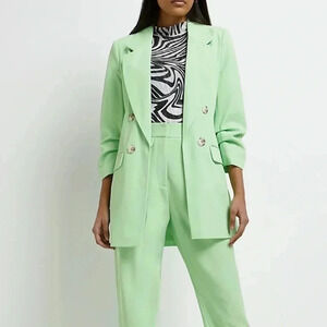 River Island Green Blazer Oversized Fit Classic Lapel